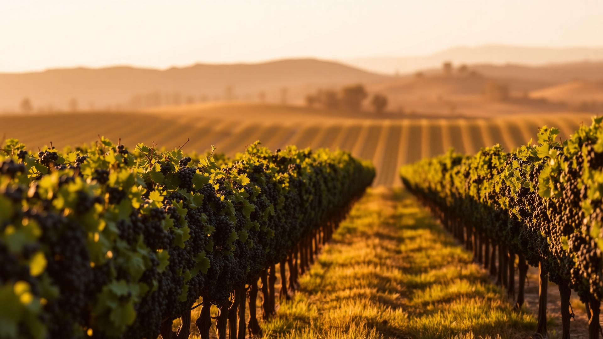 Rows of ripe wine grapes in a Livermore Valley vineyard at golden hour